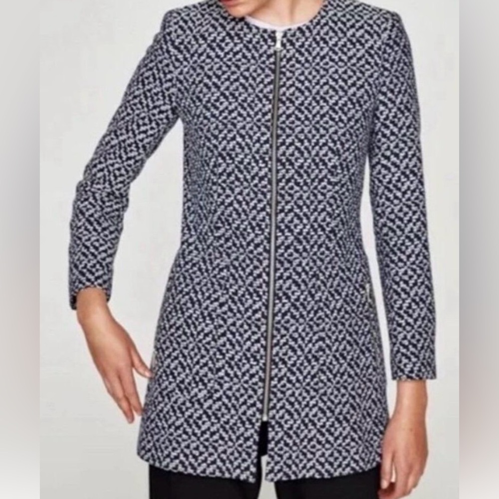 Zara Navy Blue and White Tweed Peacoat